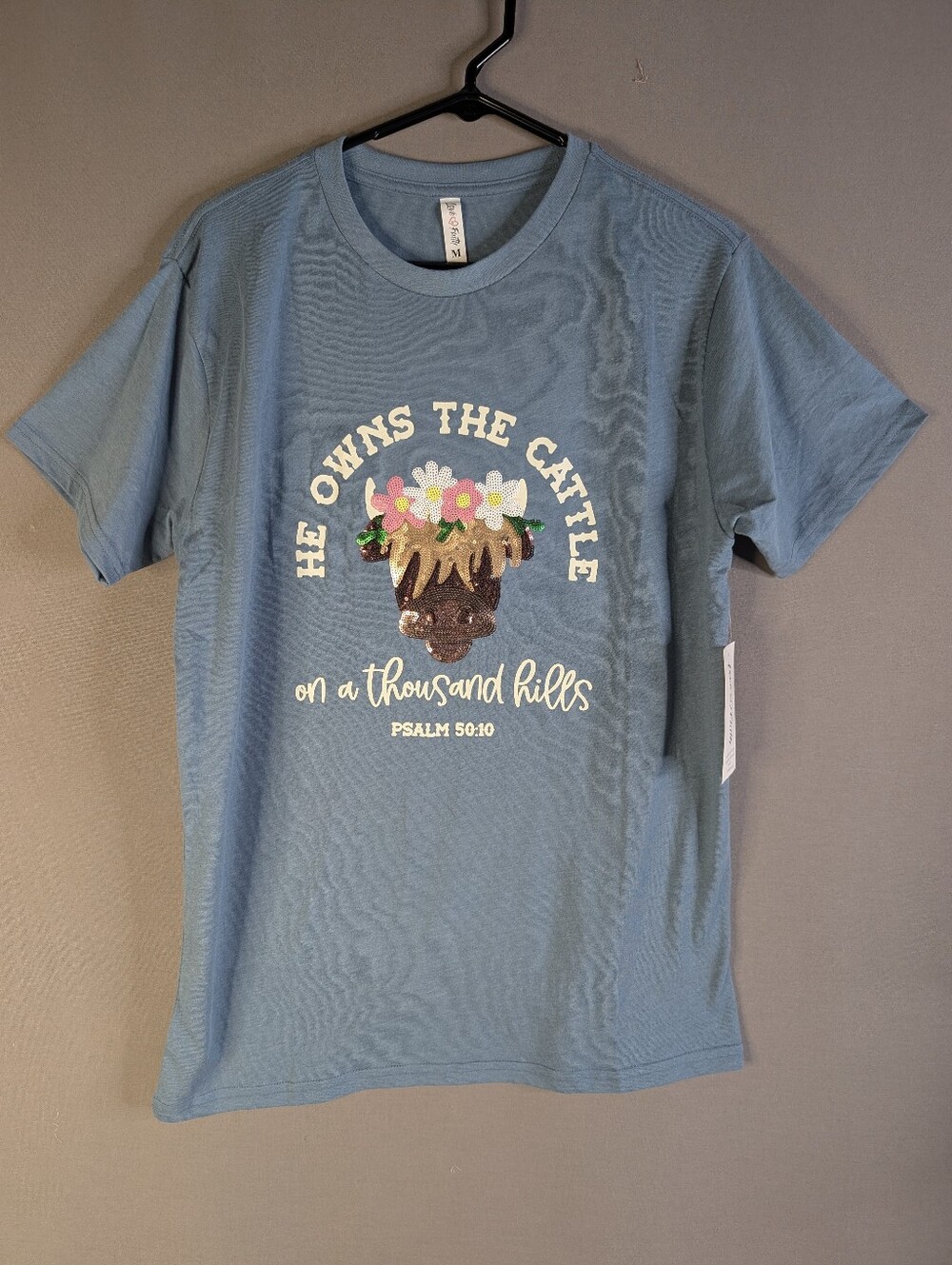 Various Sizes: Heather Blue Graphic Tee- 'He Owns The Cattle' SS tee-NWT